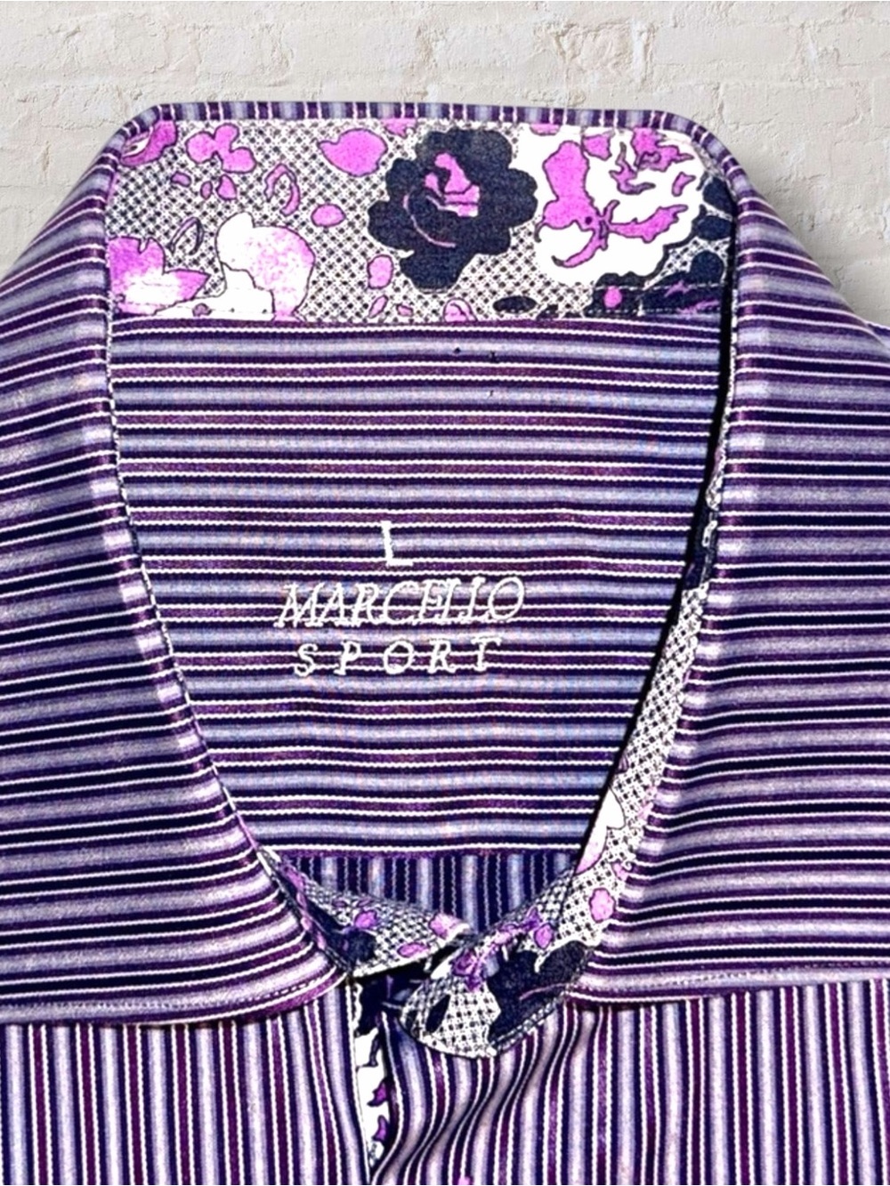 Marcello Sport Men’s Dress Shirt L | Purple Stripe & Floral | Made in Turkey